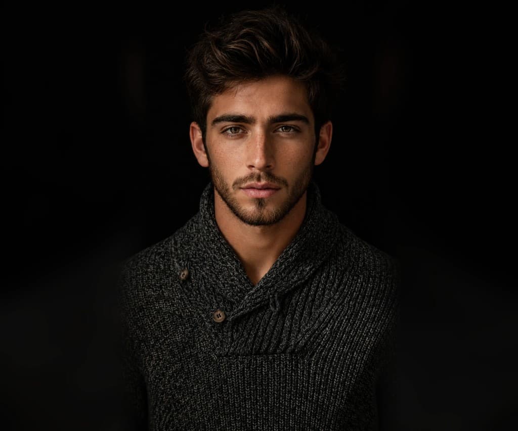 Enhanced portrait of a young man in a charcoal knit sweater against a dark background