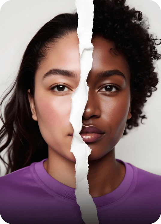 Split-face composite showing an AI face swap between two women against a light background