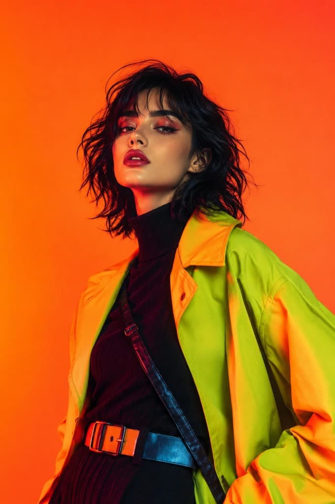 Fashion portrait of a woman in a neon lime jacket against a vibrant orange background