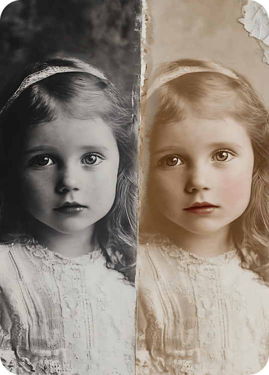 Before and after comparison of a restored and colorized vintage portrait of a young girl
