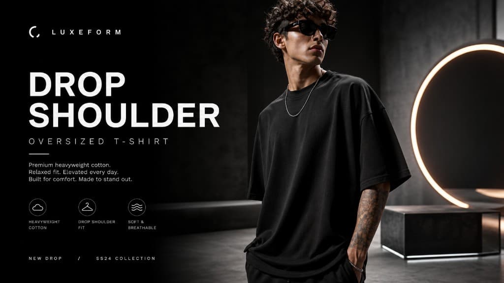 Product campaign ad for a Luxeform oversized t-shirt featuring a male model in a studio